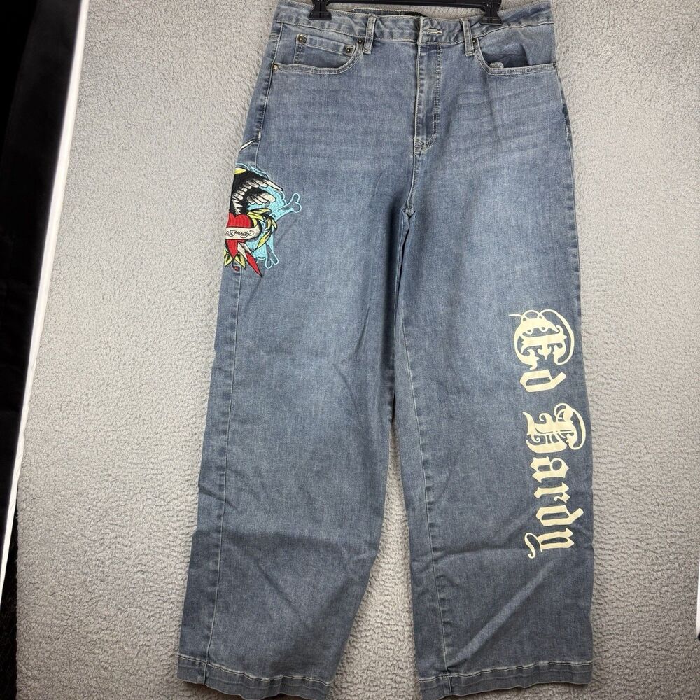 Ed Hardy Jeans 34x32 Medium Wash Baggy Skater Embroidered Y2K Grunge Vintage